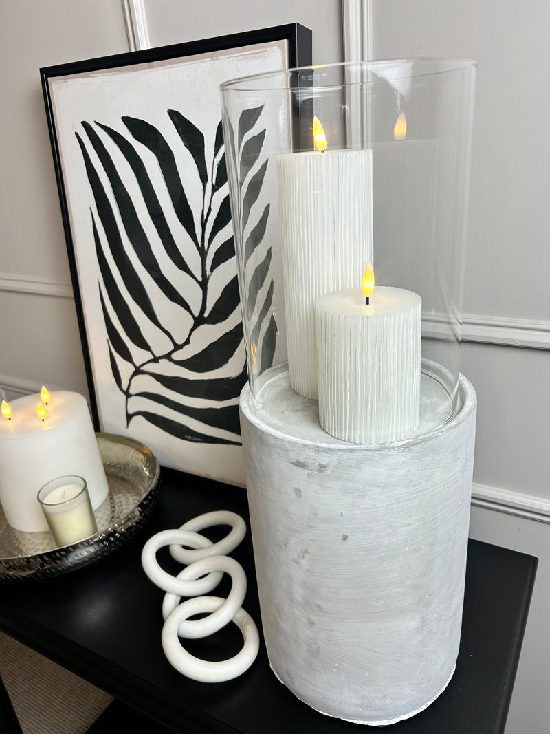 Large chunky tall glass cement hurricane candle holder