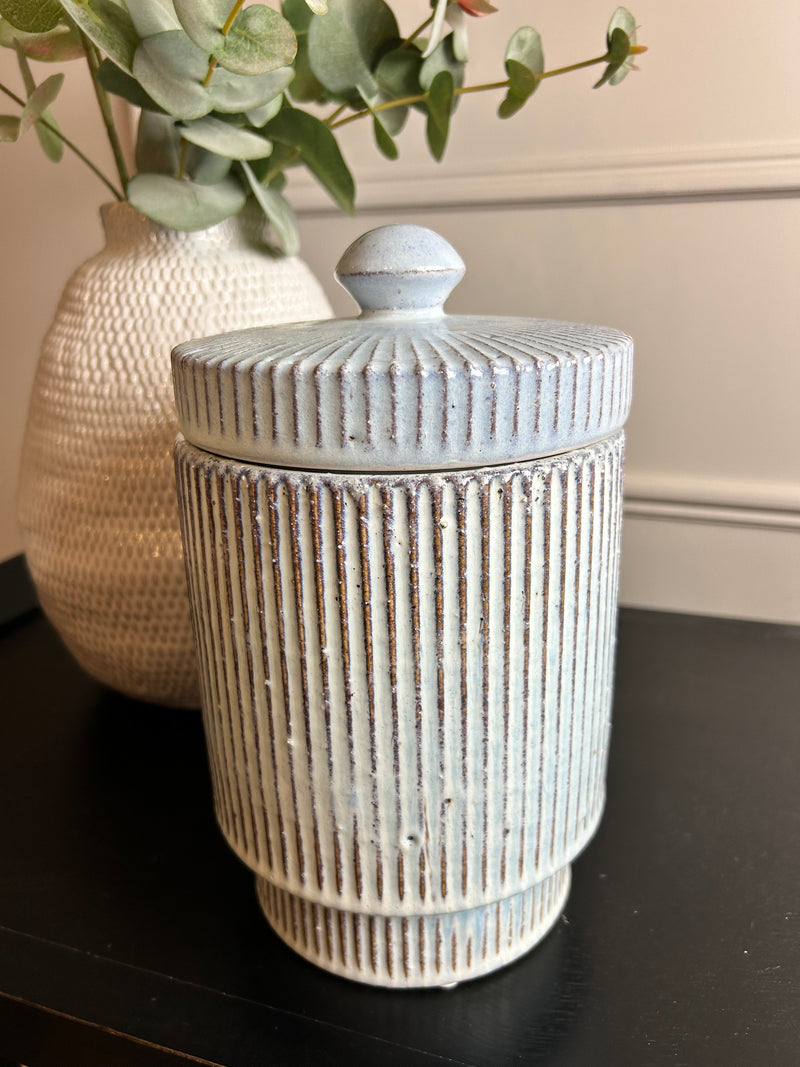 Blue chunky striped lidded jar