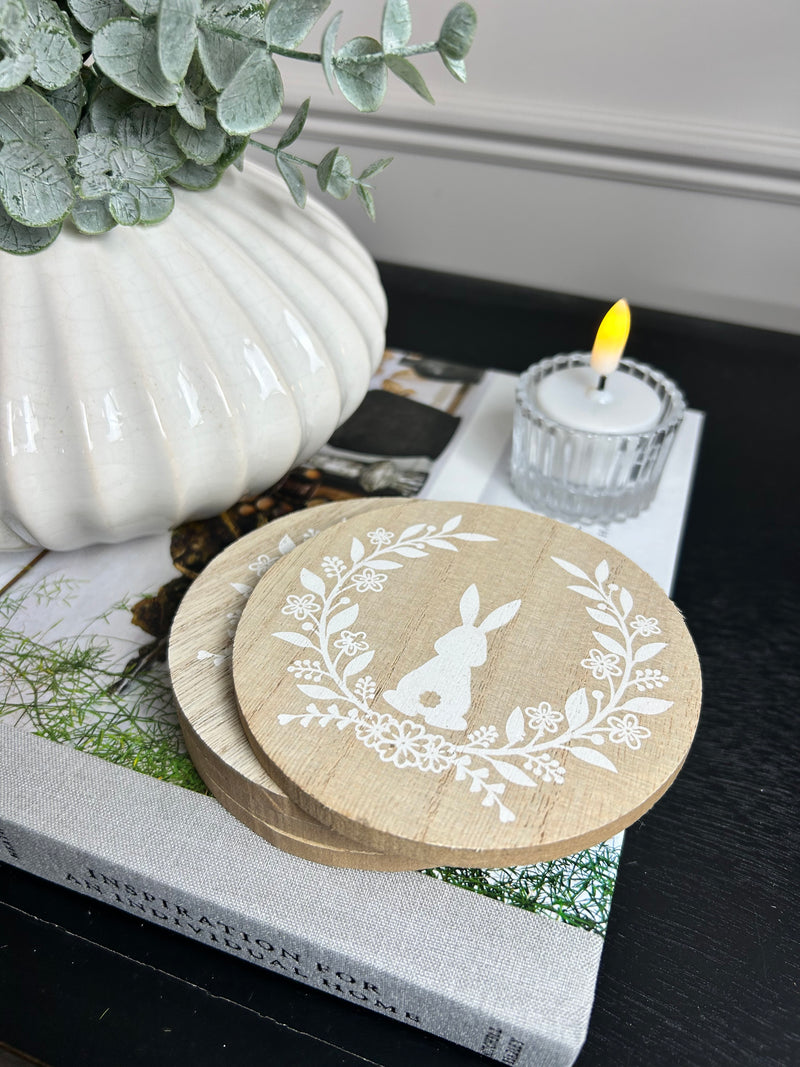Set of 4 Round Wooden Easter Bunny Coasters