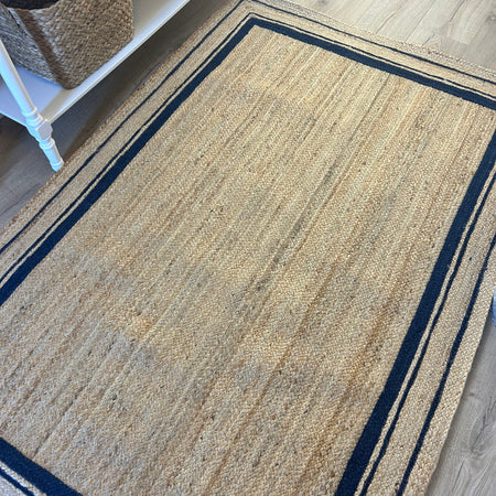 Rectangular Natural with Navy Border Woven seagrass Hemp Rug mat 120cm x 180cm