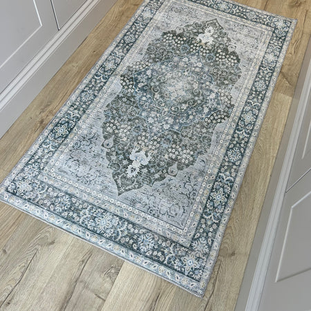 Oakham Traditional blue green Grey Washable Runner mat rug Available in 3 Sizes