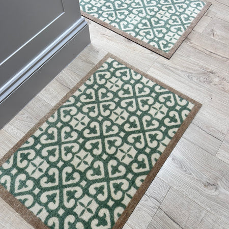 Green harlequin print washable door mat rug washable 2 sizes