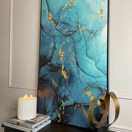 Framed Teal Blue and Gold Abstract Canvas 62cm x 122cm