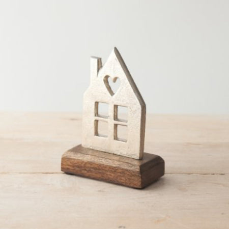 Metal house on wooden base 20cm