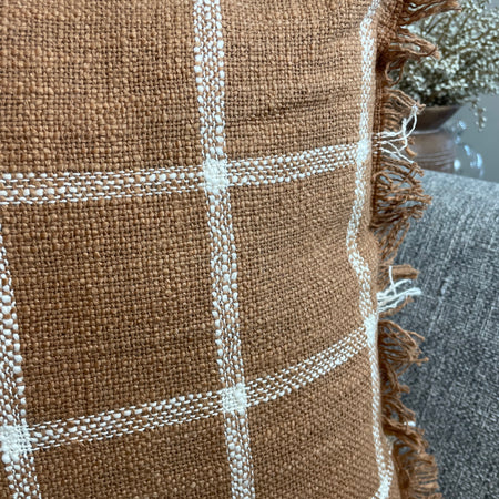 Ginger rust orange Natural Checked Linen Fringed Cushion