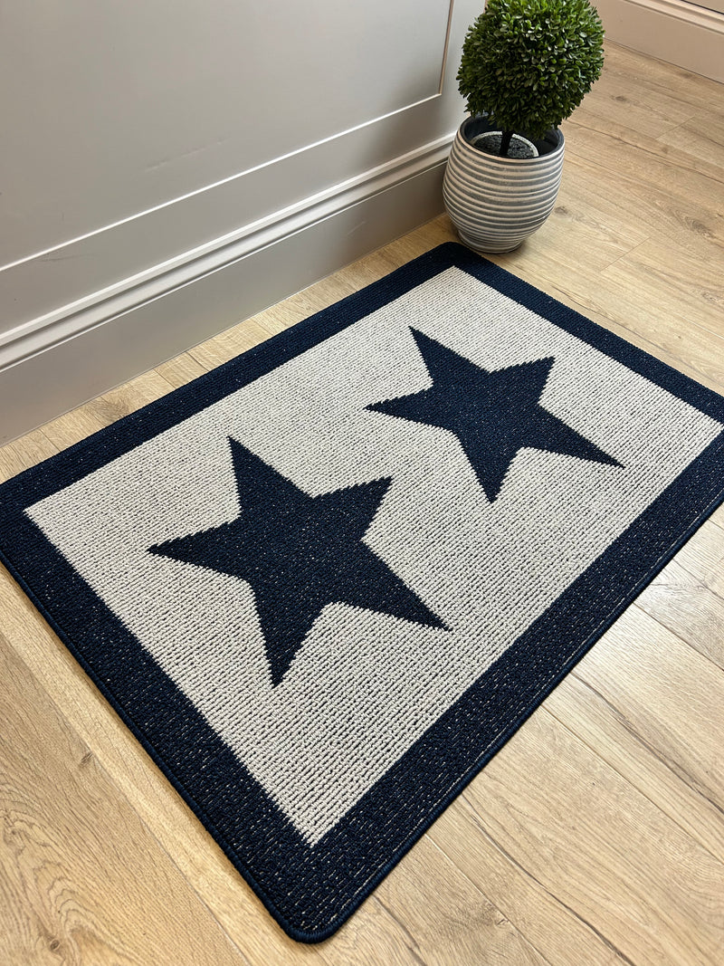 Navy Blue Star Door washable rug Runner 67cm by 150cm and 67cm by 200cm