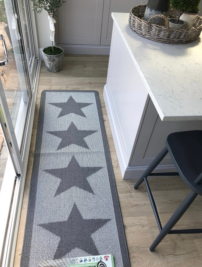 Grey Star Door washable mat rug Runner 67cm by 150cm and 67xm by 200cm