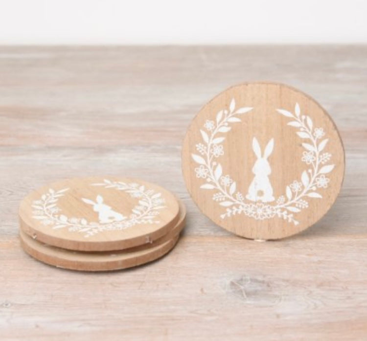 Set of 4 Round Wooden Easter Bunny Coasters