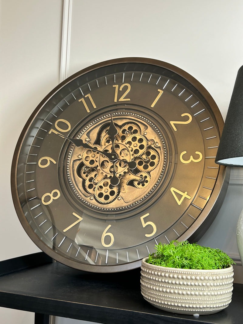 Large chunky brown bronze cogs clock 66cm