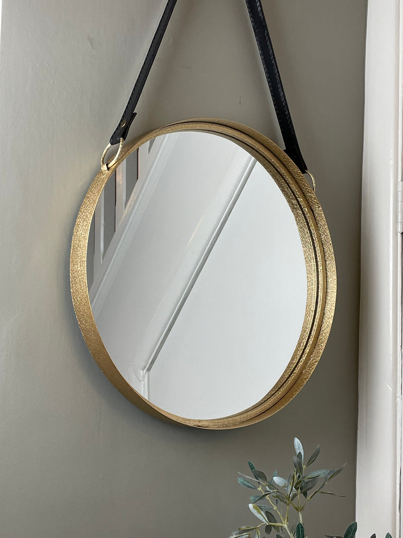 Large Gold round hanging strap mirror