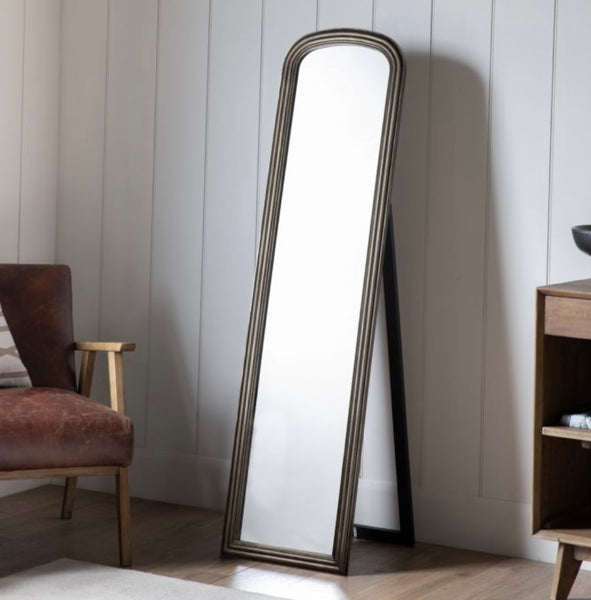 Brass arched floor standing mirror Abode