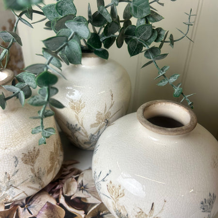 Set of 3 floral rustic bud crackle glaze vases