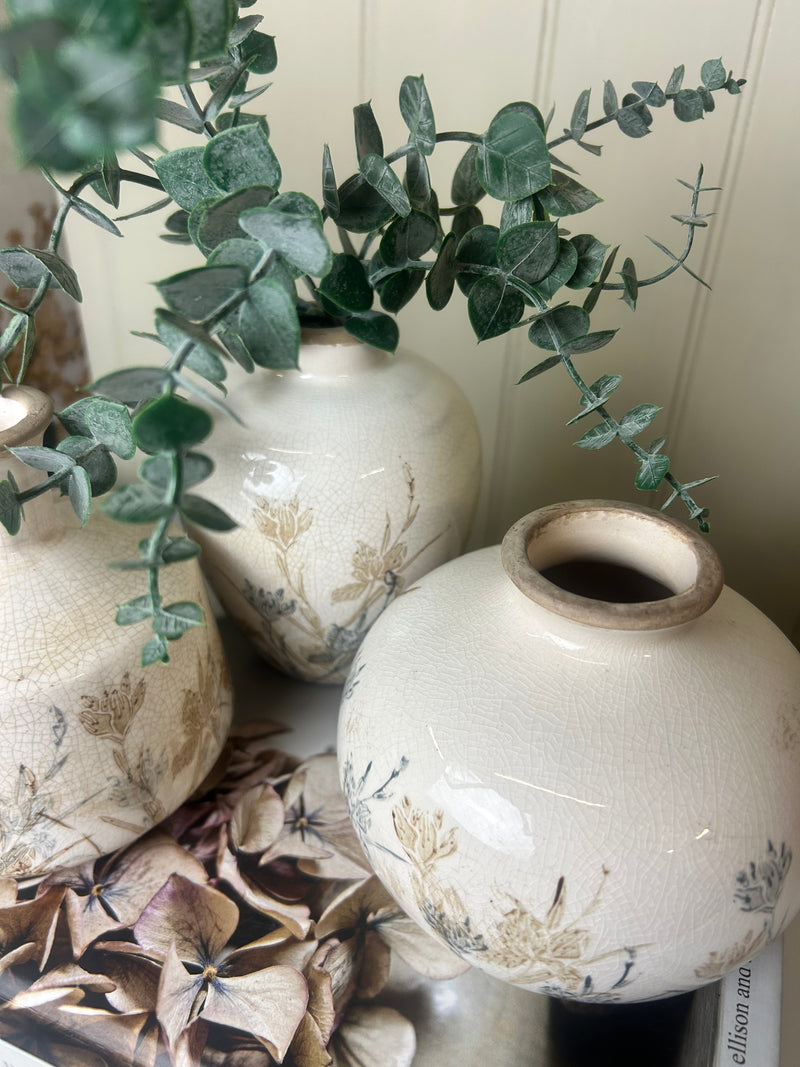 Set of 3 floral rustic bud crackle glaze vases