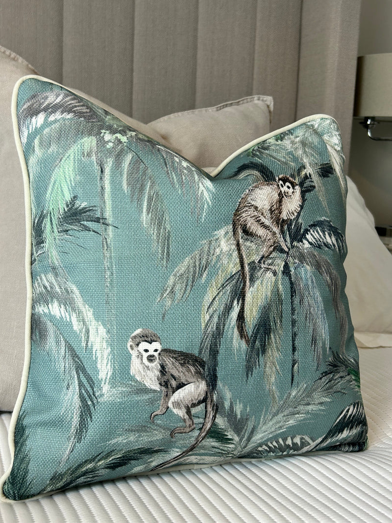 Mona Animal monkey & Stripe Green Reversible Cushion luxury piped soft mint green 45cm