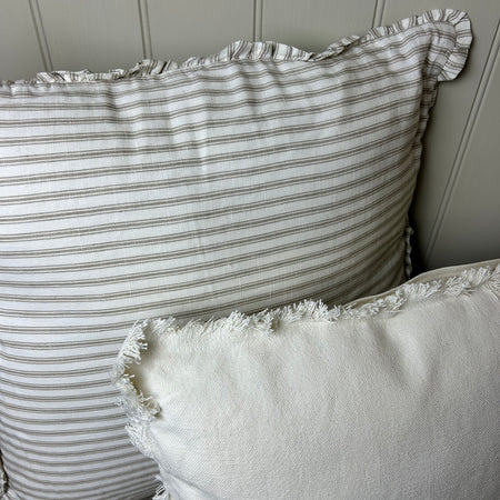 Boxwell stripe neutral frill edge cushion linen cotton cream white beige stone square 45cm