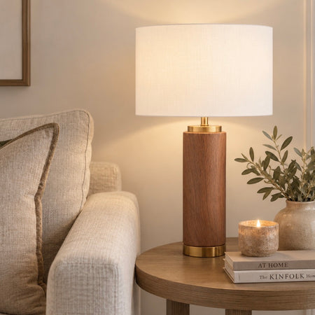 Wood effect table lamp with gold trim and white shade