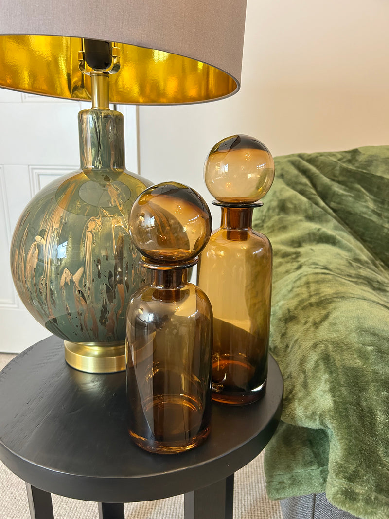 Green and Gold Abstract Glass Lamp with Taupe Faux Silk Shade