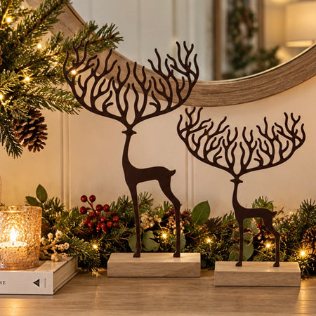 Metal Deer With Antlers on wood Base, 2 Sizes
