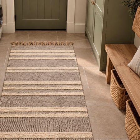 Chambray grey natural rustic rug mat tassel 60x90