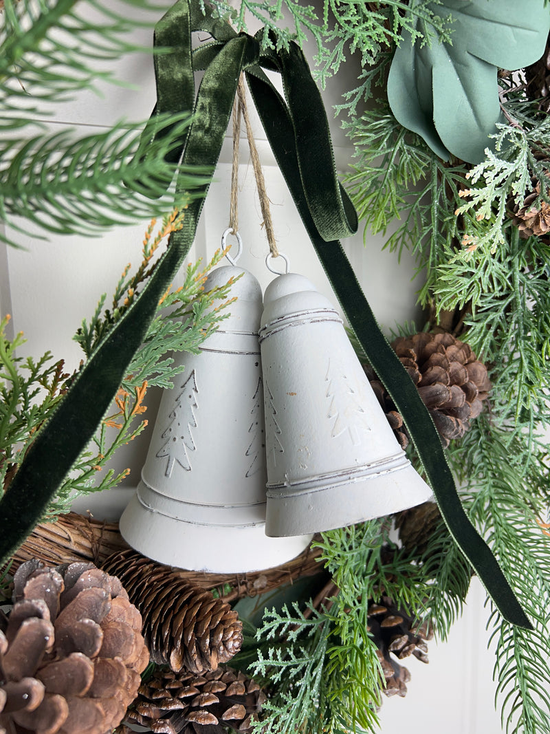 White metal hanging bell tree embossed 2 sizes