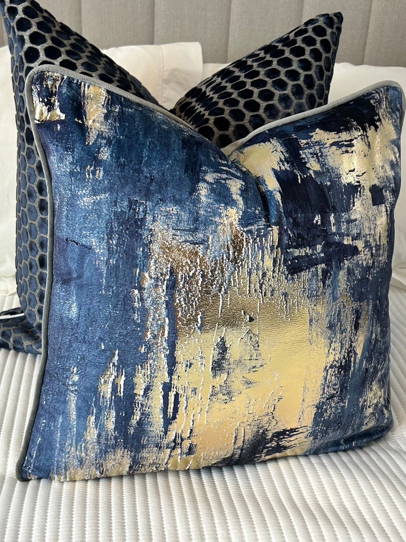 Idyllic abstract navy blue and gold grey luxury cushion