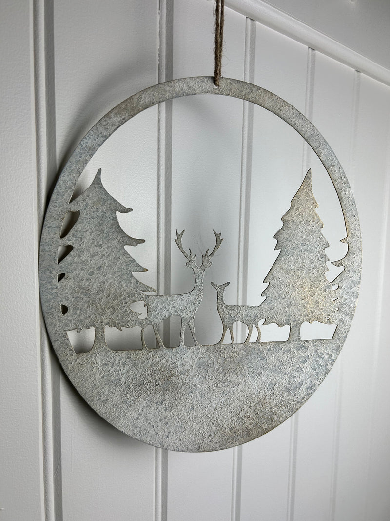 Rustic metal deer reindeer hanging scene 30cm