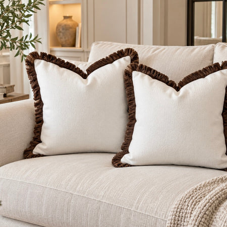 Large Ivory white weave with Chocolate Brown Trim Edge Hugo Cushion 56cm
