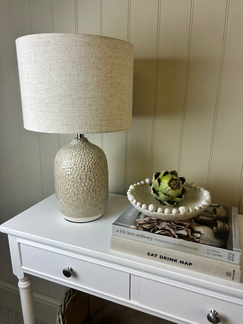 Stoneware ceramic Two Tone Taupe natural Textured Lamp Linen Shade