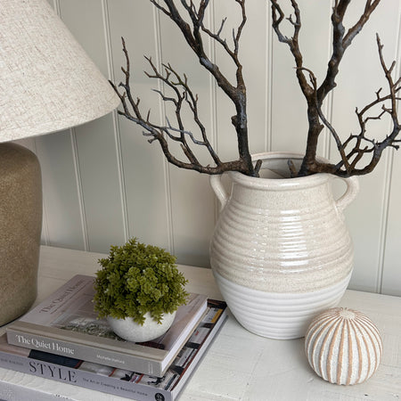 Cream white ribbed vase with handles 26cm
