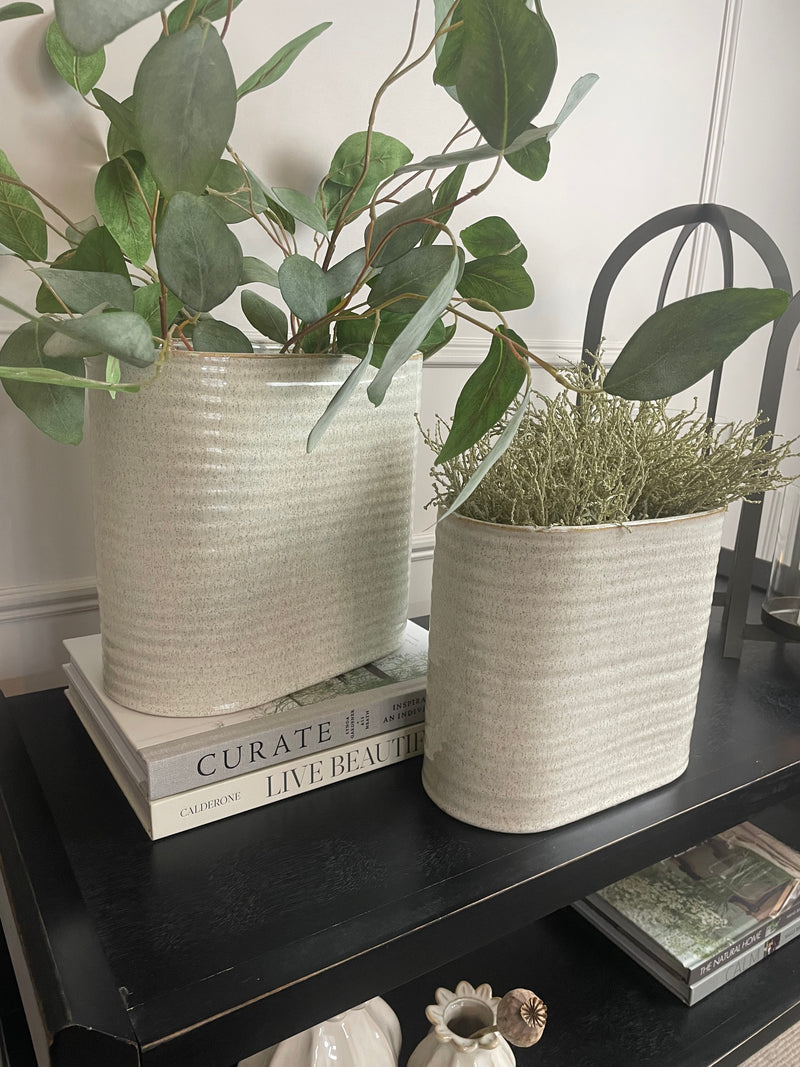 Oval ribbed slim neutral taupe vase