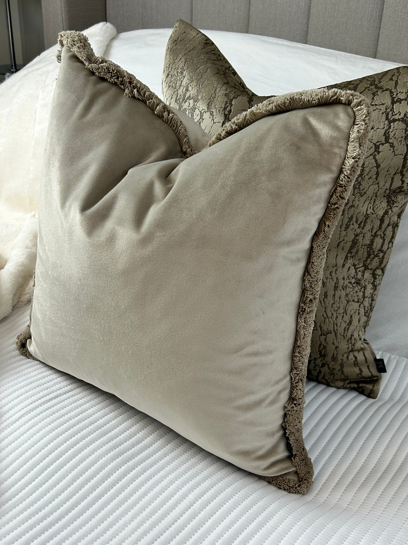 Freya taupe velvet fringed cushion