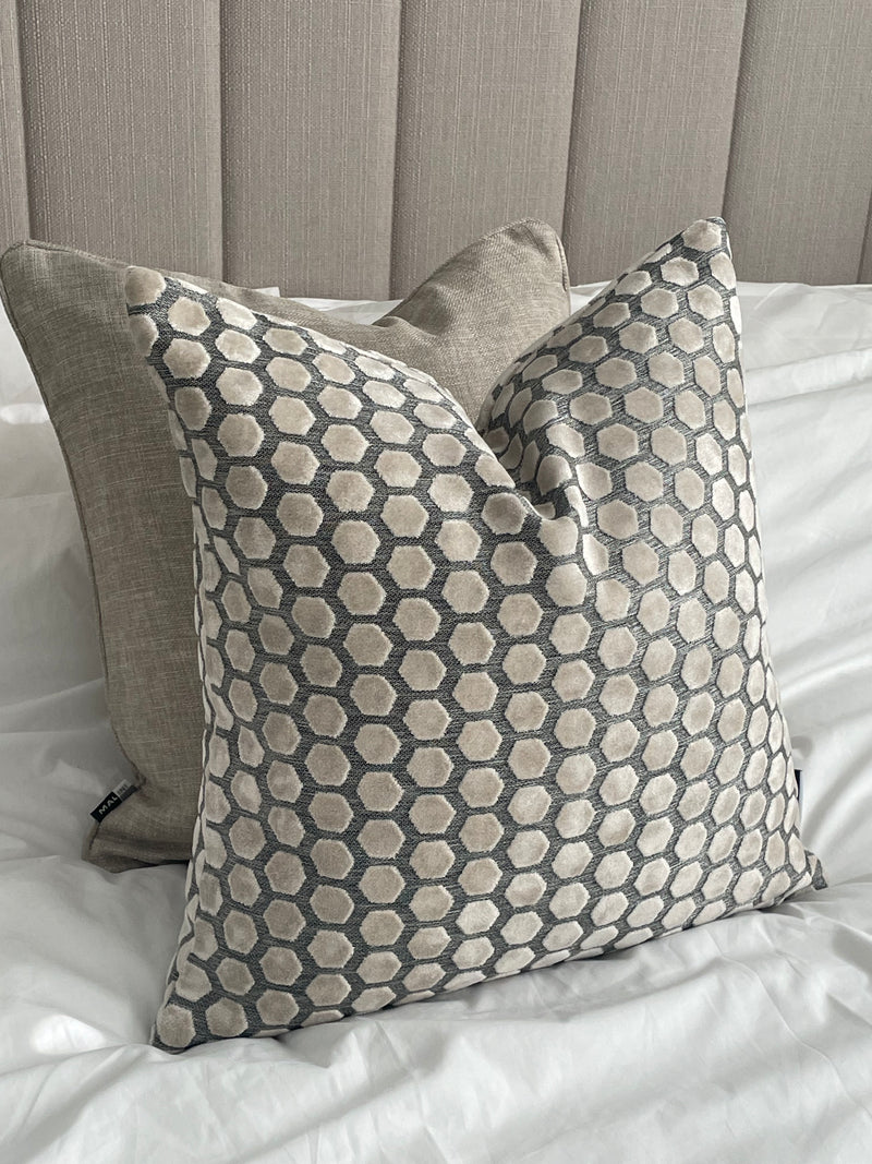 Cream and grey Jorvik hexagon cut velvet luxury cushion two sizes