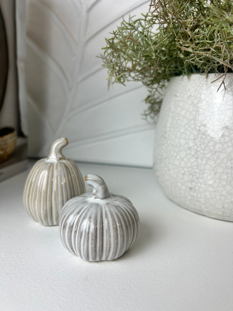 Set of two reactive glaze ribbed pumpkins