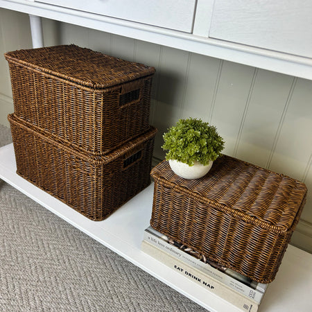 Dark Rattan Weave Lidded Basket Trunks, 3 sizes