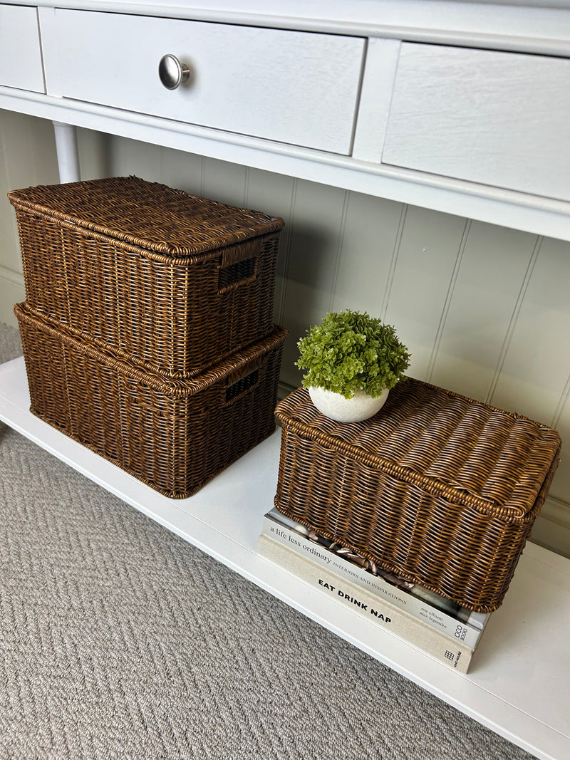 Dark Rattan Weave Lidded Basket Trunks, 3 sizes