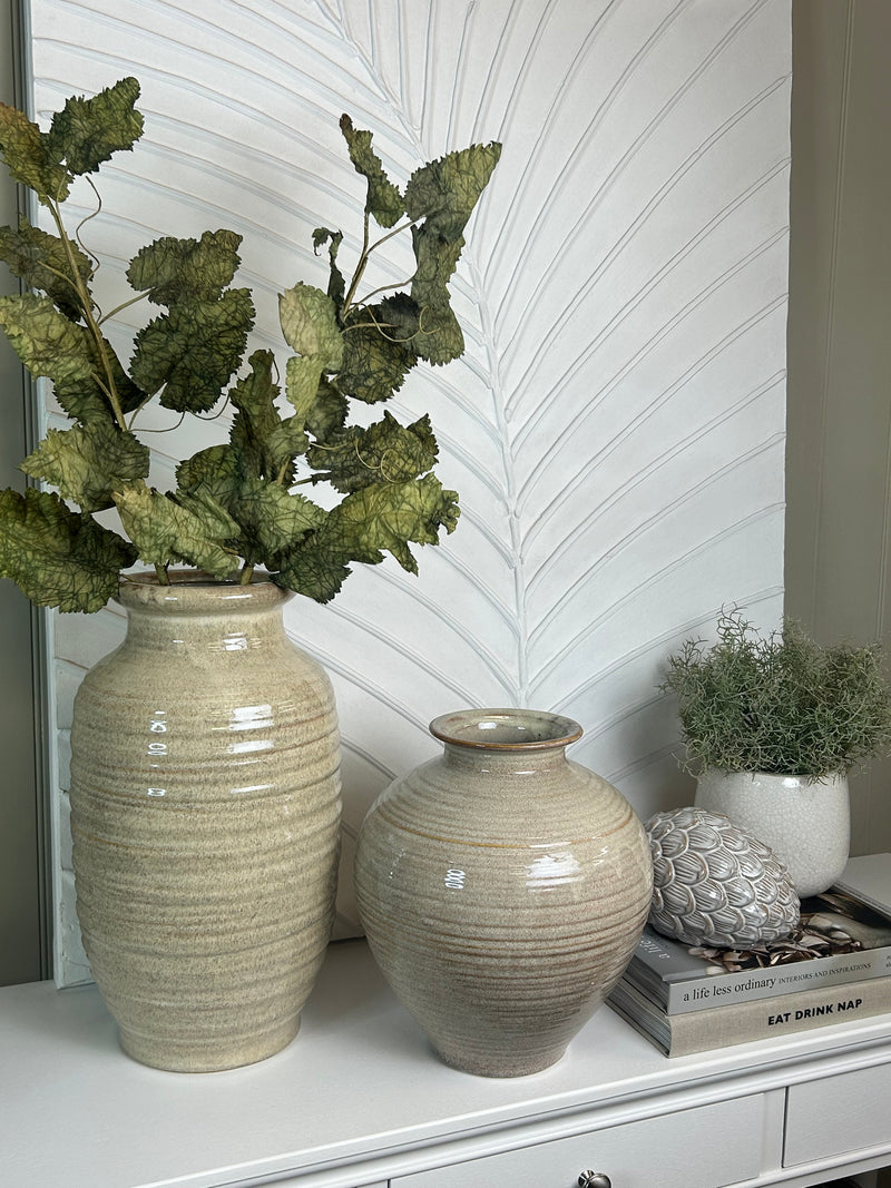 Large Tall fluted vase with ribbed bedside table texture detail brown beige 39cm by 22cm