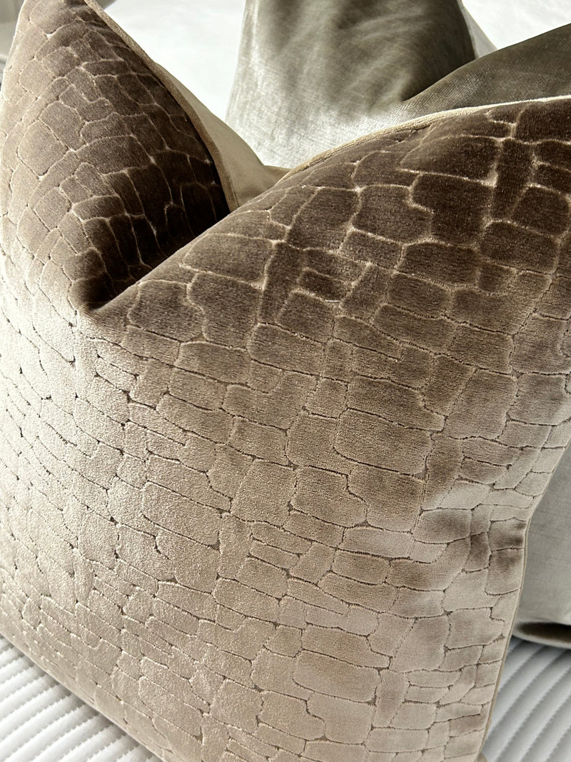 Bloomsbury taupe velvet textured cushion feather filled