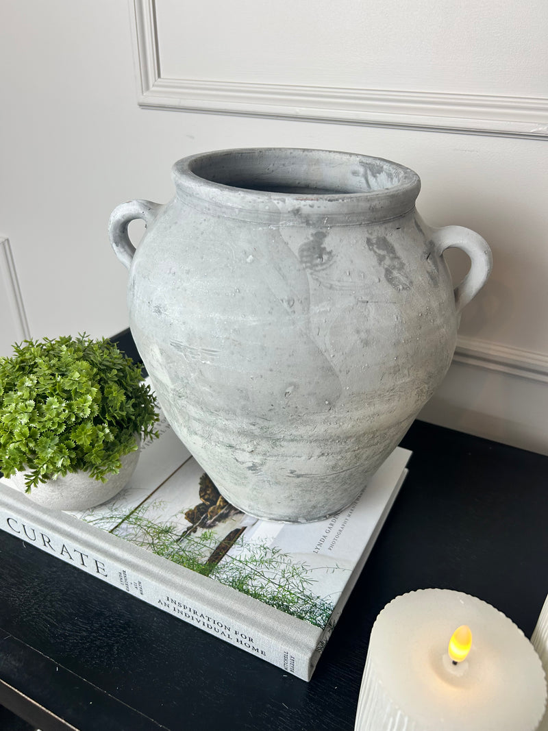 Grey stone rustic double handle vase