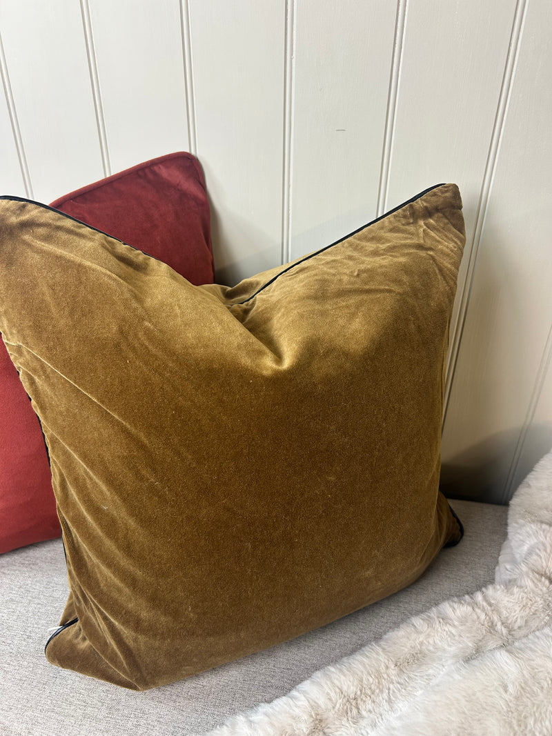 Tobacco dark ochre Velvet Cushion dark trim 40cm Feather Filled