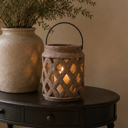 Brown stone lattice tall lantern with handle