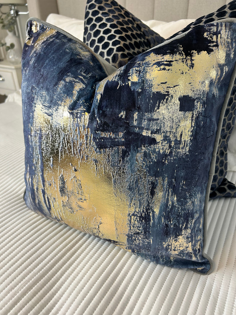 Idyllic abstract navy blue and gold grey luxury cushion