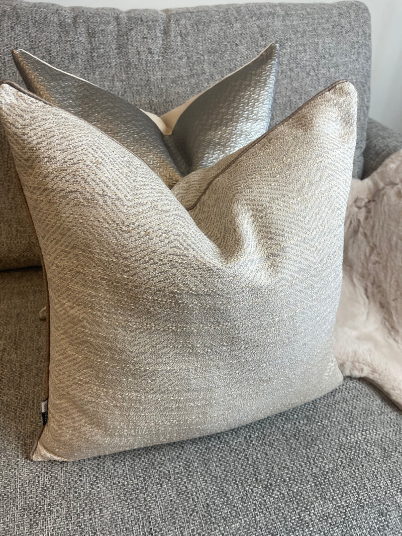 Taupe gold ripple textured cushion with piping