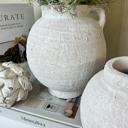White rustic round vase with handle 2 sizes