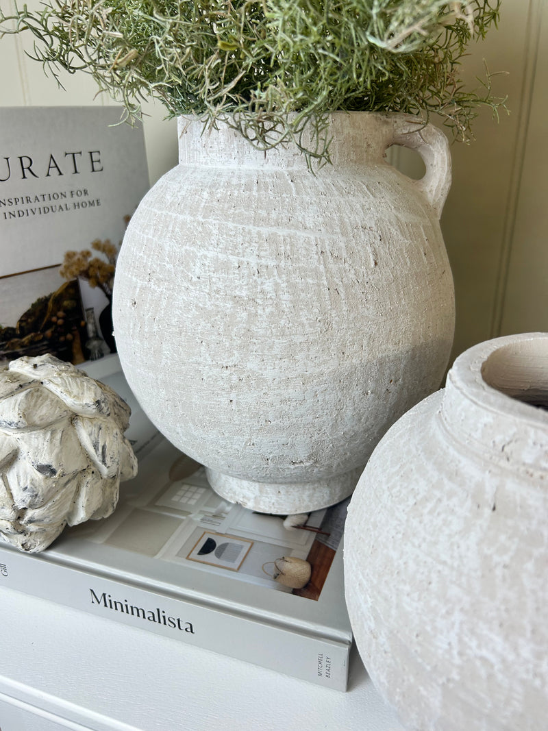White rustic round vase with handle 2 sizes