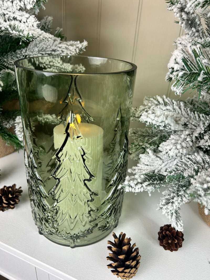Large glass Green tree Forest Candle Holder embossed