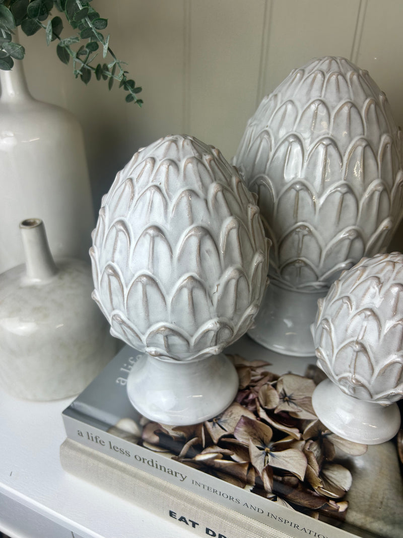 Ceramic white pinecone ornament 3 sizes