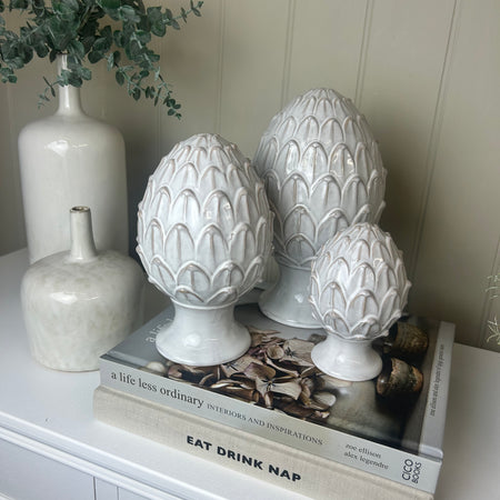 Ceramic white pinecone ornament 3 sizes