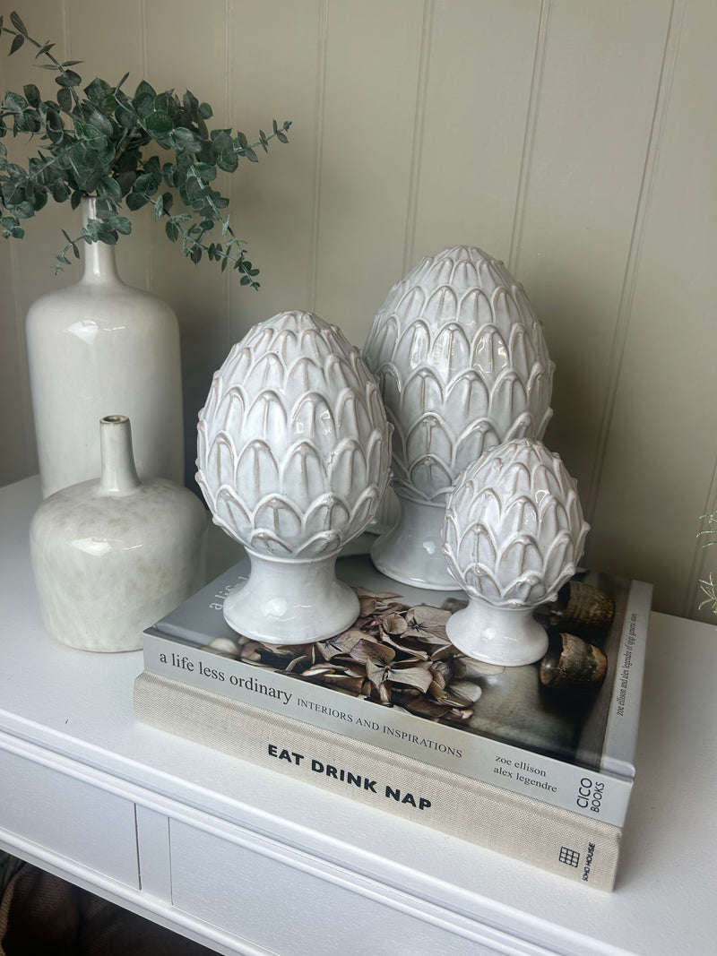 Ceramic white pinecone ornament 3 sizes