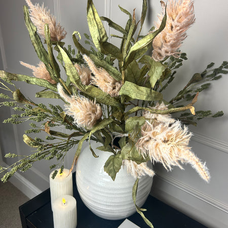 Green tall reed, green sorghum grass and mocha oyster alexis stem arrangement