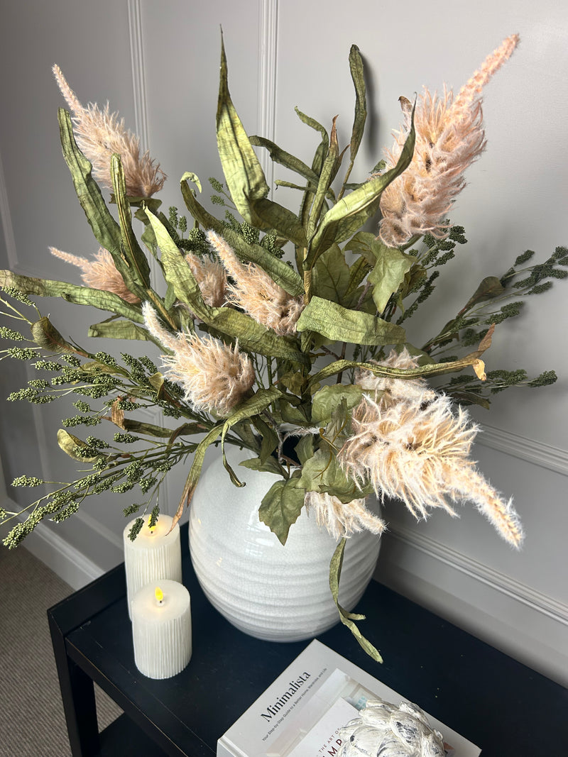 Green tall reed, green sorghum grass and mocha oyster alexis stem arrangement